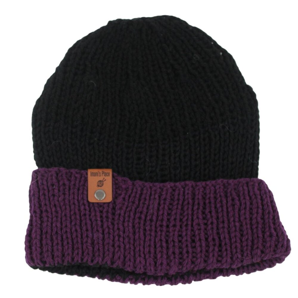 Handmade Hand Knit Eggplant Deep Purple Black Wool Blend Ribbed Knit Beanie Hat